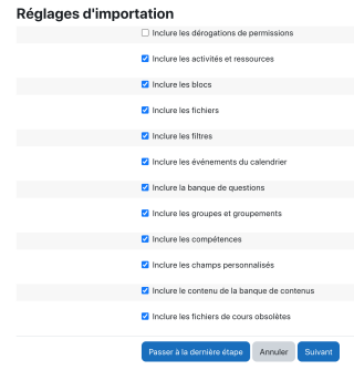 R&eacute;glages d'importation par d&eacute;faut